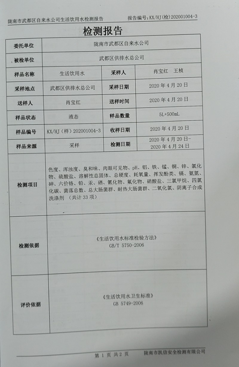 2020年4月26日武都城區(qū)飲用水檢測報告